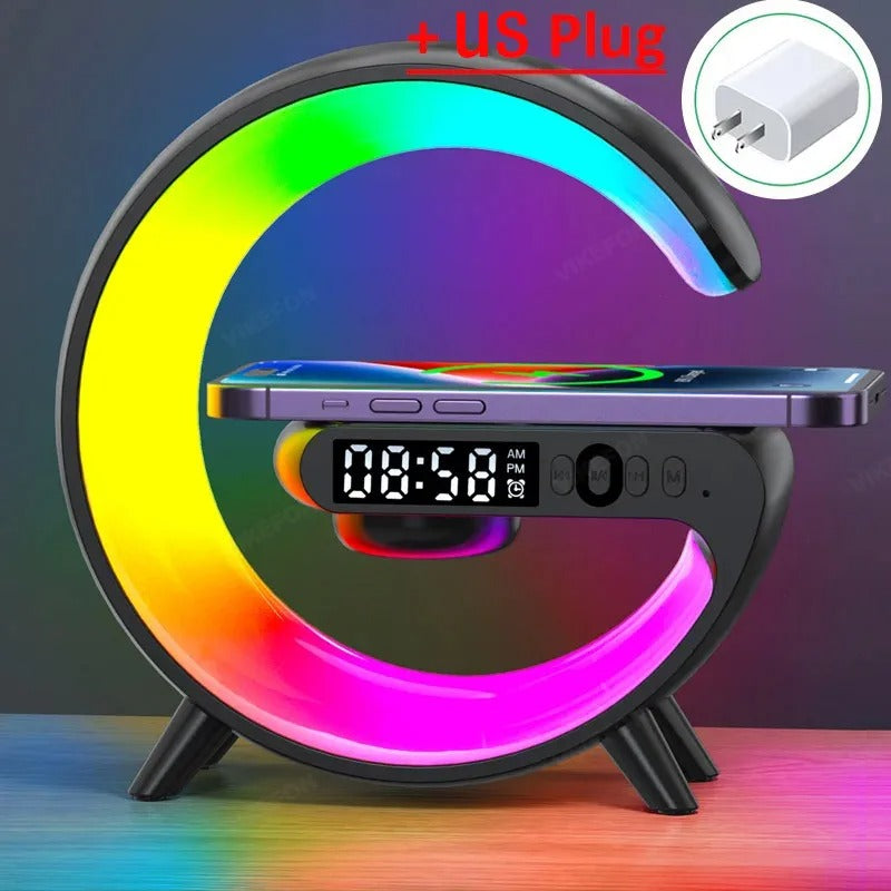 Multifunction Wireless Charger Stand Pad RGB Light Alarm Clock Speaker