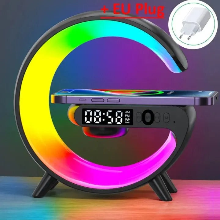 Multifunction Wireless Charger Stand Pad RGB Light Alarm Clock Speaker