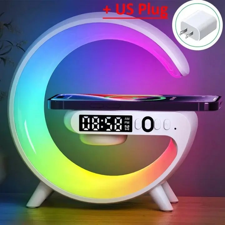 Multifunction Wireless Charger Stand Pad RGB Light Alarm Clock Speaker