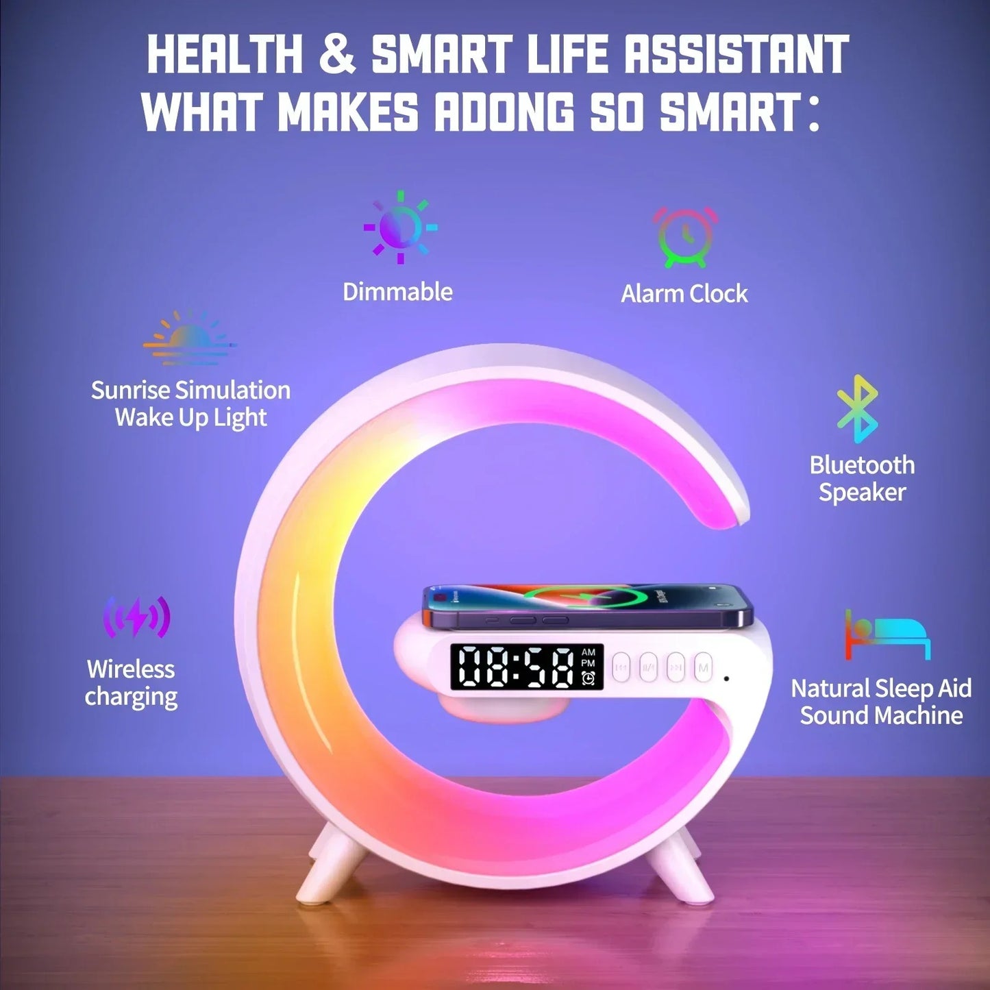 Multifunction Wireless Charger Stand Pad RGB Light Alarm Clock Speaker