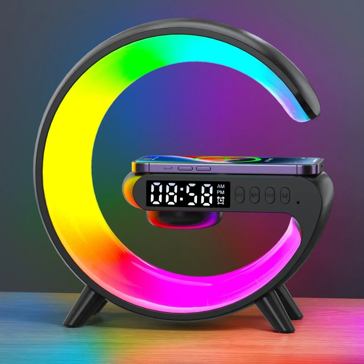 Multifunction Wireless Charger Stand Pad RGB Light Alarm Clock Speaker